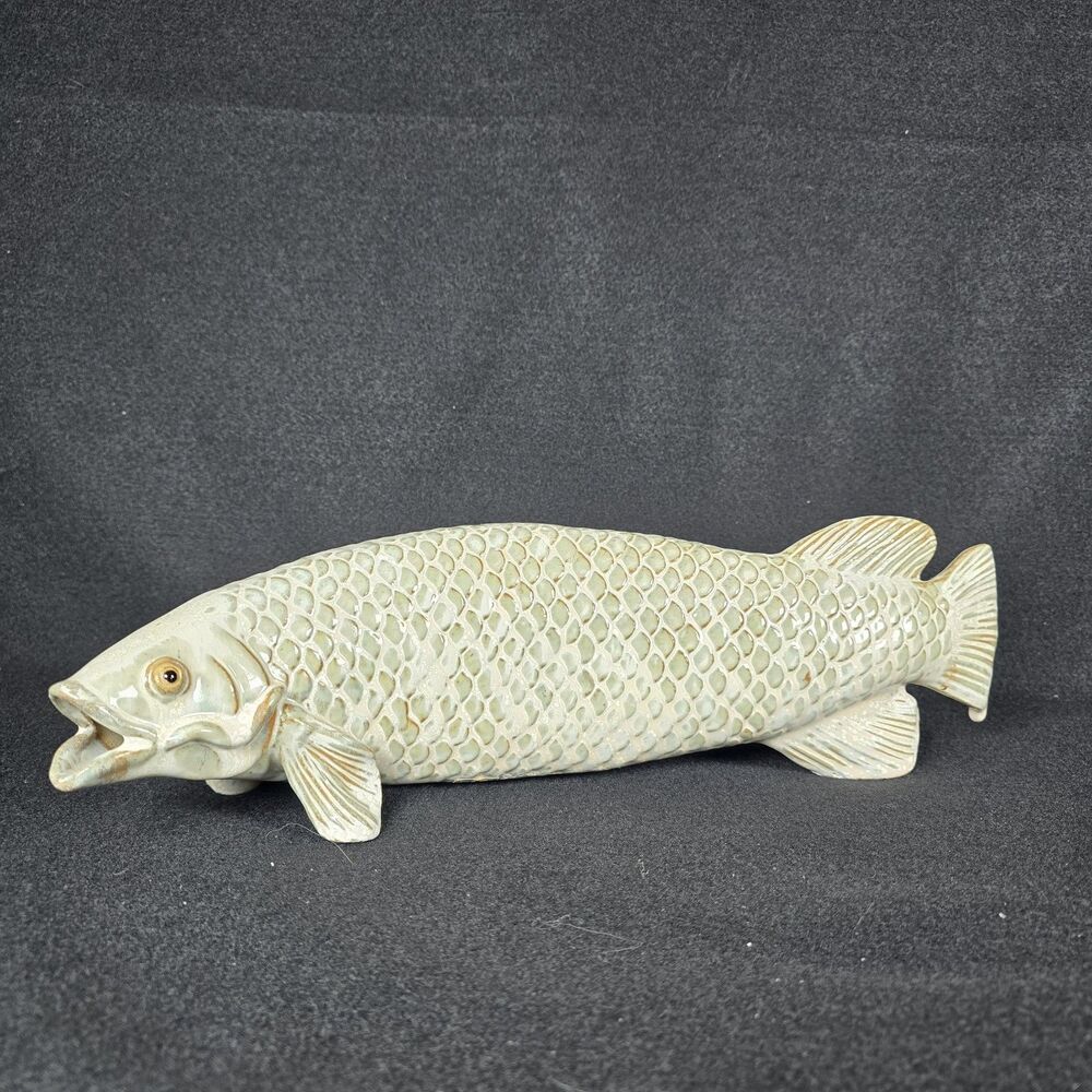 Life-sized Ceramic Koi Fish Carp Grey White Speckled Glaze 15" Figurine